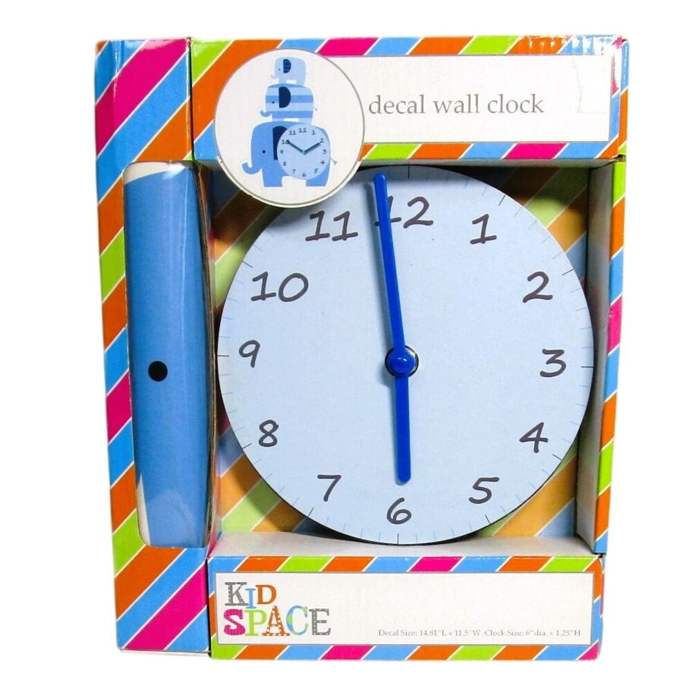 Kid Space Elephant Wall Clock Set Vinyl Decals + 6" Analog Clock Nursery Decor